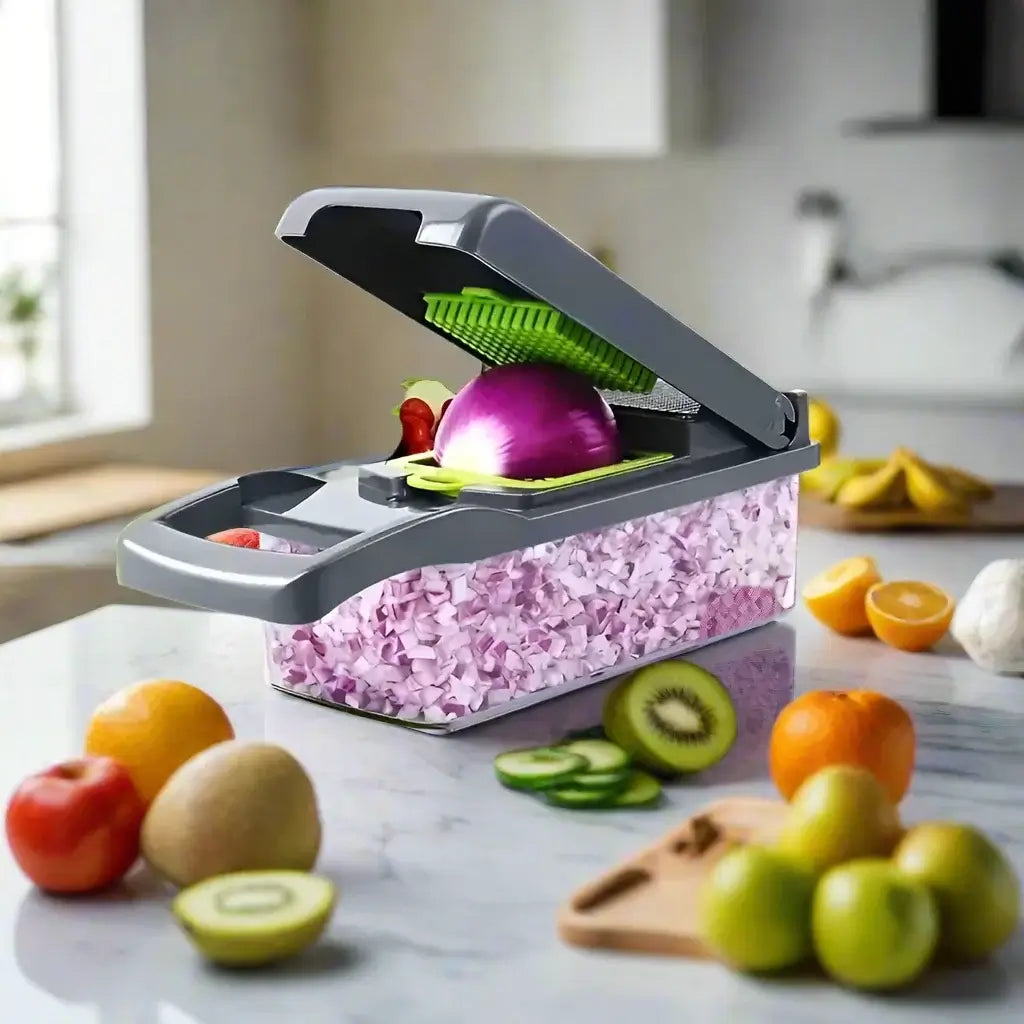 Multifunctional vegetable chopper with stainless steel blade, chopping onions and fruits in a modern kitchen setting.