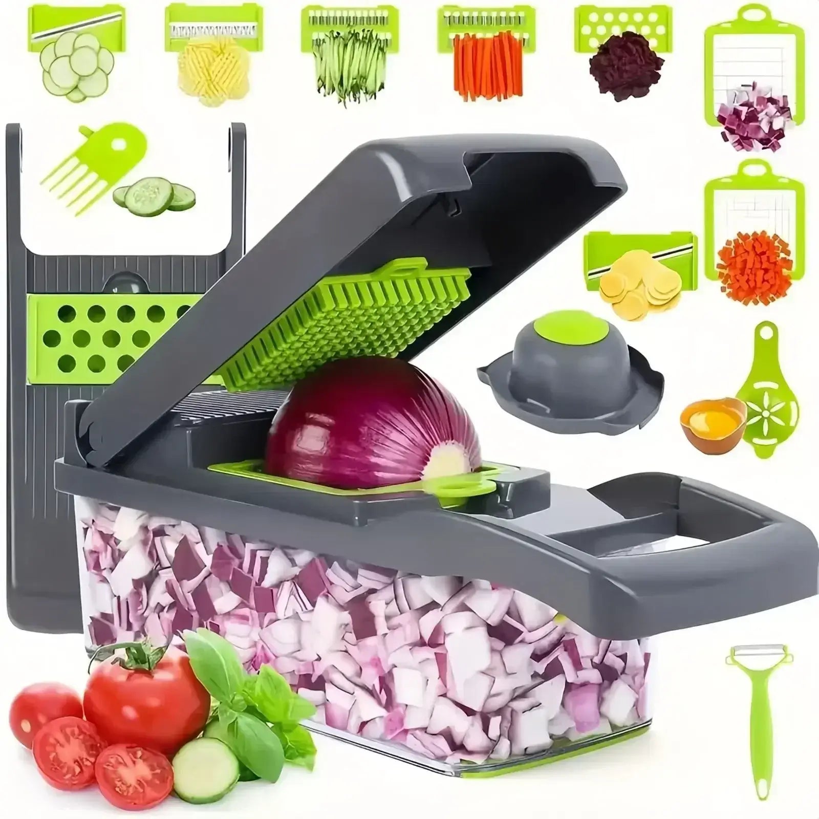 Multifunctional vegetable chopper with stainless steel blades, featuring a clear container and assorted slicing attachments, ideal for easy food prep.