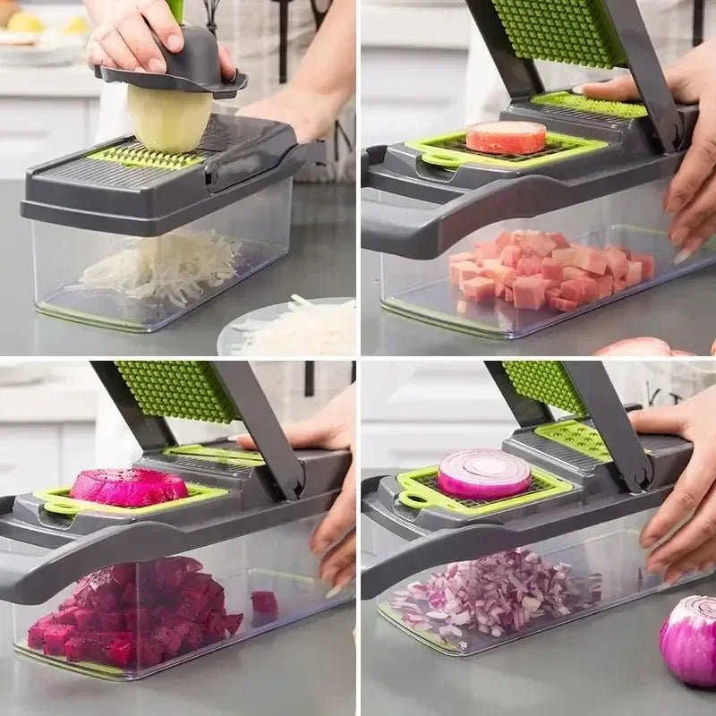 Multifunctional vegetable chopper slicing various vegetables with stainless steel blades and clear container for efficient food prep.