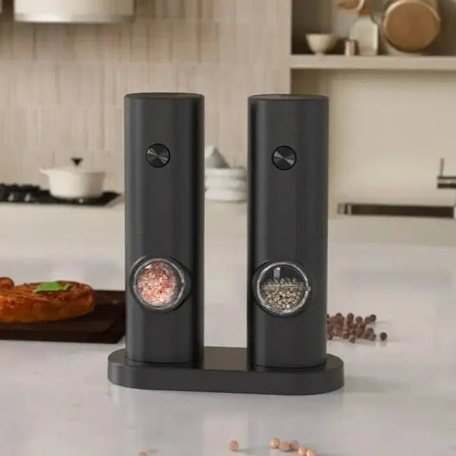 Grindix electric spice grinder set in sleek design, featuring clear containers for easy visibility of spices.