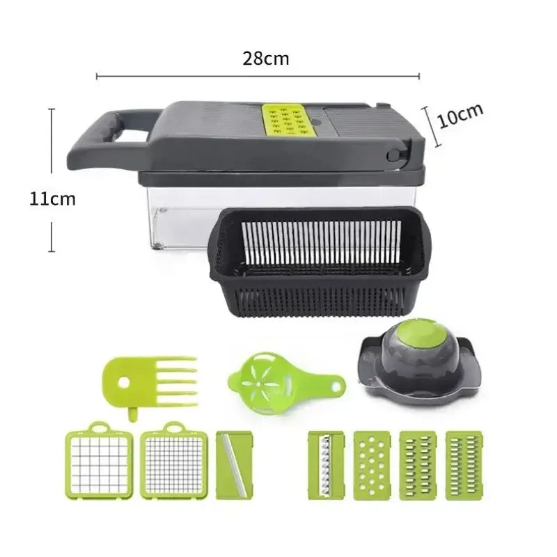 Multifunctional vegetable chopper with stainless steel blades and plastic accessories, ideal for slicing and grating vegetables.